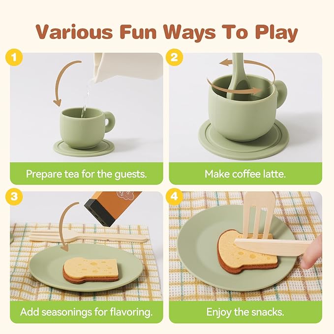 Youuys Tea Party Set for Toddlers 3-5, Wooden & Silicone Pretend Play Tea Set with Desserts, Table Decor Board & Basket, Garden Tea Party Toy for Girls Boys, Birthday Gift for Kids Ages 3+