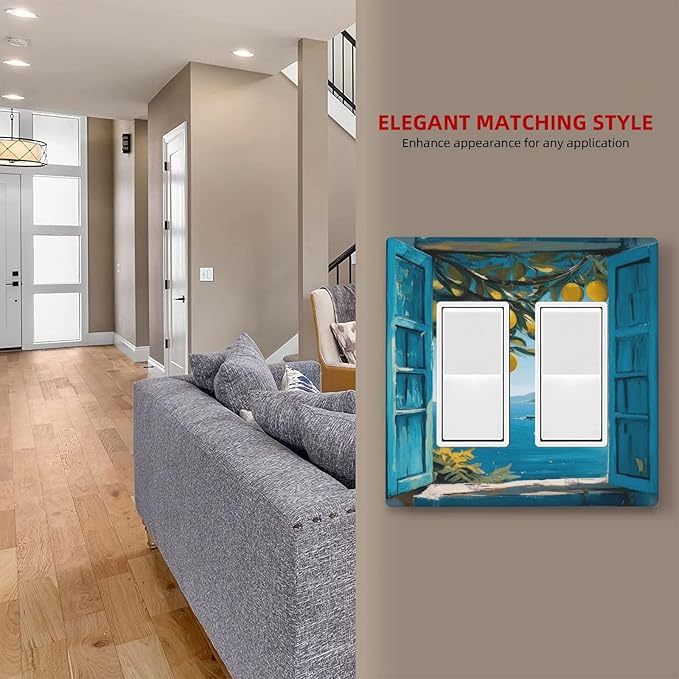 Decorative Art Light Switch Covers Seaside Window with Lemons 2 Gang Dual Rocker Outlet Switch plate Faceplate GFCI for Home Decor