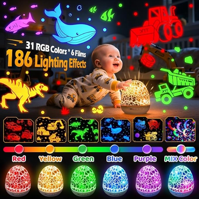 PIKOY Excavator Toys Night Light Projector【15 Sounds & 6 Films】Kids Construction Toys Truck Night Lights [31 Colors & Remote] Dinosaur Egg Light for Nursery Boys Kids Toddler Birthday Gifts 1-10 Years