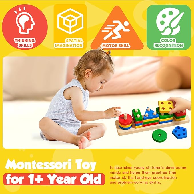 Montessori Toys for 1 2 3 Year Old Girls Boys, Wooden Sensory Toys for 1-3 Year Old Birthday Gifts, Education Toddler Puzzles Toddler Easter Basket Stuffers Learning Toy Activities Puzzles Ages 1-3