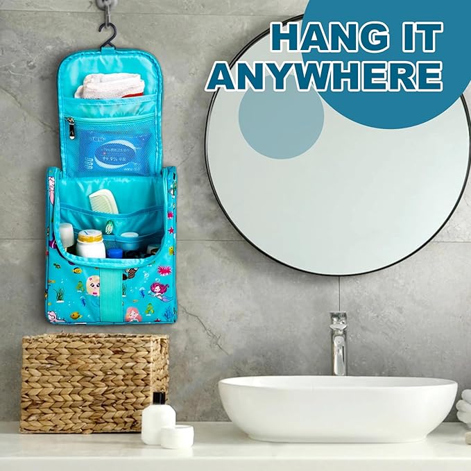 Remobia Hicol Cute Cartoon Hanging Kids Toiletry Bag Children Travel Cosmetic Makeup Organizer Wash Bag Shower bag Over Night Bag Camping Shaving Kit Bag for Boys & Girls (Mermaid)