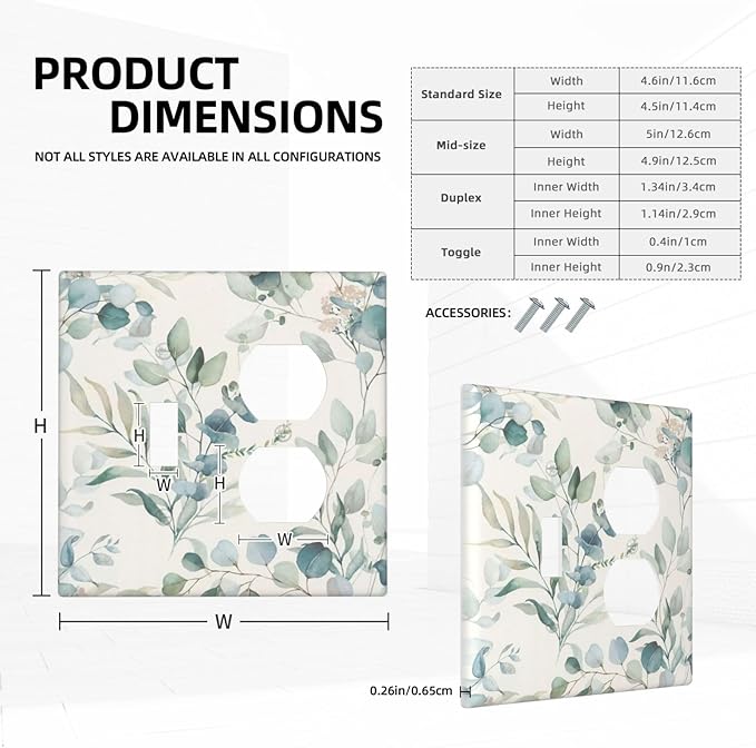 Boho Green White Eucalyptus Leaf Floral Wallplates 1 Toggle 1 Duplex Switch Plate Electrical GFCI Faceplate Decorative Light Switch Covers for Farmhouse Living Room Decor