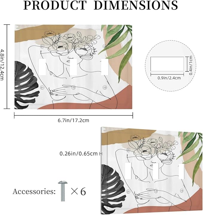 Mid Century Abstract Women Lady Boho Palm Leaf 3 Gang Light Switch Covers Decorative Unique Triple Toggle Wall Plate Electrical Faceplate Switchplate for Kitchen Bathroom Bedroom Home Decor