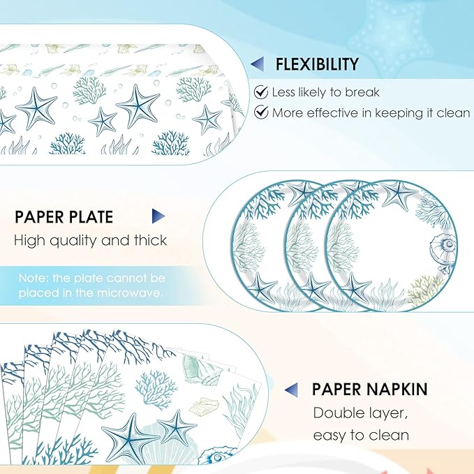 41Pcs Ocean Seashell Party Supplies Kit,Coastal Beach Disposable Party Tableware Decorations,Starfish Coral Paper Plates Napkins and tablecloth for Kids Summer Birthday Baby Shower, Serves 20