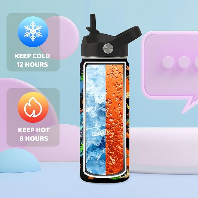 Insulated Water Bottle 18oz, Dinosaur Truck Gifts Water Bottle with 2-in-1 Straw and Spout Lid, Black Dinosaur Cup Leakproof, Truck Cup Travel Mug for Trucks Lovers, Gift Ideal for Boys
