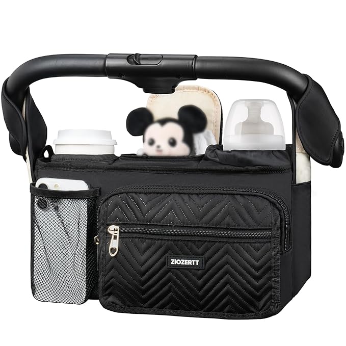 Universal Stroller Organizer with Insulated Cup Holders,Large Capacity Non-Slip Stroller Caddy Bag Fits for Uppababy/Doona/Jogger/Britax/Mompush/BoB with Anti-Sag Hard Bottom and Wet Wipes Pocket