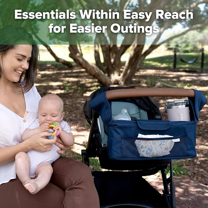 haakaa Stroll & Go Organiser - 2 Cup Holders - Bluestone, Ultimate Stroller Organizer Universal Fit with Adjustable Non-Slip Straps & Hooks, Stroller Caddy Accessories with Shoulder Strap