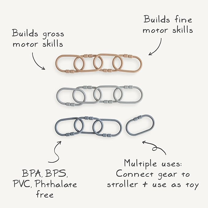 mushie Baby Chain Link Rings Toy 12-Count | Multiuse Car Seat Stroller Connecting Toy (Periwinkle, Mustard, Green, Coral)