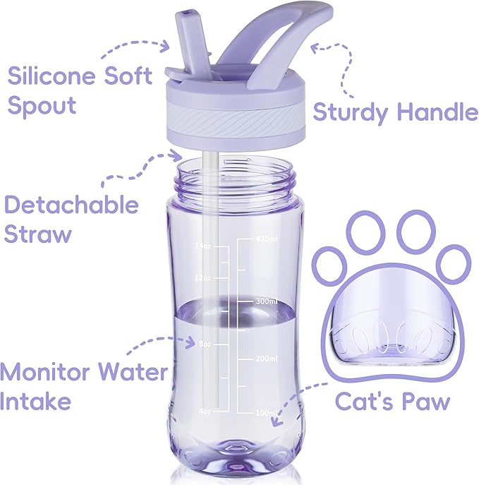 Kids Clear Water Bottle 14oz Flip with Straw Carry Handle, Leakproof, Reusable, Tritan, BPA Free, Suitable for Boys and Girls, Light purple