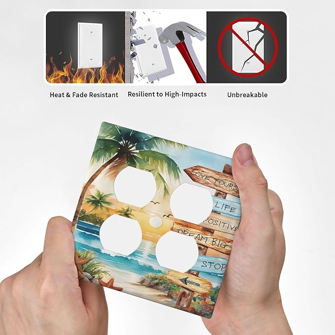 Tropical Beach Palm Tree Summer Coastal Ocean Sunset Outlet Covers 2 Gang Double Duplex Decorative Light Switch Covers Electrical Wallplates Socket Faceplate for Bedroom Living Room Decor