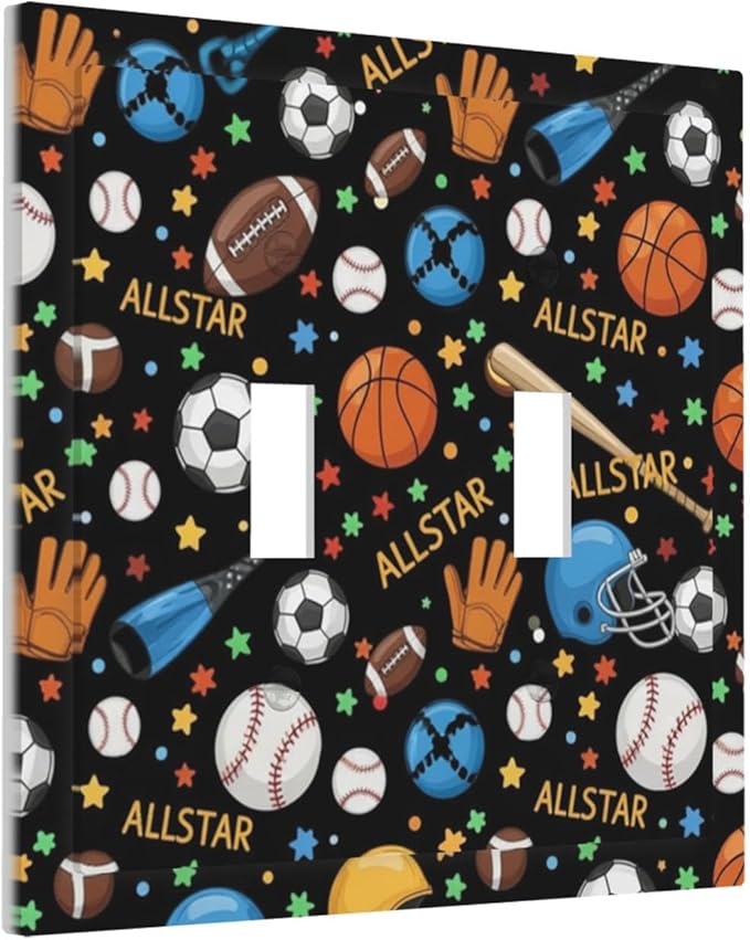 All Star Sports Double Toggle Switch Cover - 2-Gang Standard US Size Multi-Sport Light Switch Covers, Football Baseball Basketball for Boys & Girls Room Decor