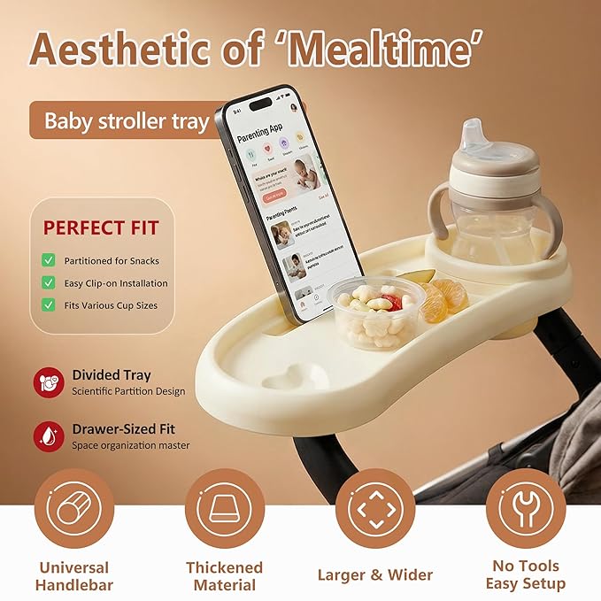 Li&Zhao Universal Stroller Snack Tray 3-in-1 Detachable Stroller Snack Tray Attachment with Secure Phone Holder, Spill-Proof Cup Holders Compartments, Easy-Clean Universal Snack Tray for Stroller