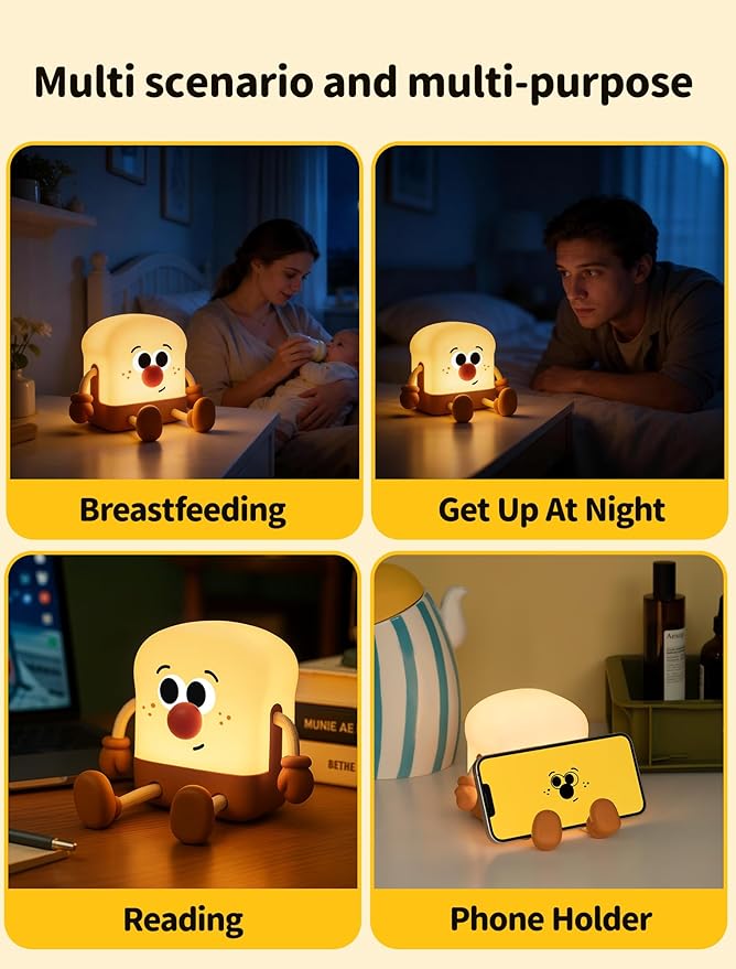 Toast Night Light for Kids, Rechargeable Bedside Table Lamp, Portable Night Lamps, Cute Nursery Night Lights for Bedroom, Office, Desk Lamp Funny Gifts for Baby, Teens, Adults