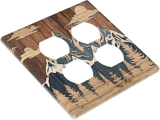 Blue Mountain Range Forest Nature Wilderness Wood Texture Outlet Covers 2 Gang Double Duplex Decorative Light Switch Covers Electrical Wallplates Socket Faceplate for Farmhouse Home Decor