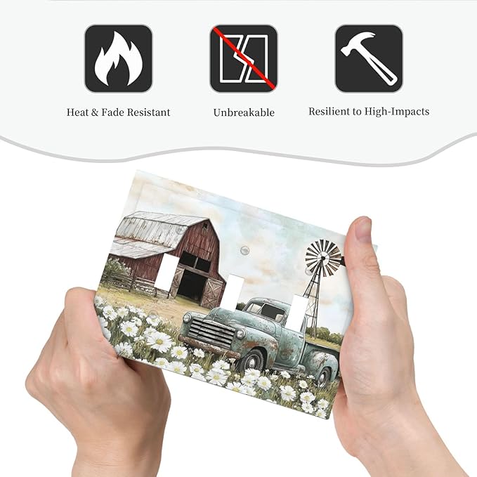 Retro Trucks Old Barn Windmill Teal Car Rustic Decorative Switch Plates 3 Gang Wall Plate Triple Toggle Light Switch Cover Faceplate Electrical Wall Panels for Farmhouse Home Decor