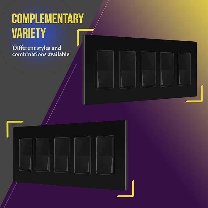 ENERLITES Screwless Decorator Wall Plates Child Safe Outlet Covers, Size 5-Gang 4.68" H x 10.14” L, Unbreakable Polycarbonate Thermoplastic, SI8835-BK, Glossy, Black