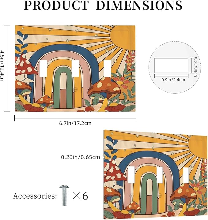 Decorative Switch Plates Mushroom Hippie Sun Rainbow Vintage Floral Funky Boho 3 Gang Wall Plate Faceplate Triple Toggle Light Switch Cover Electrical Wall Panels for Bedroom Kids room
