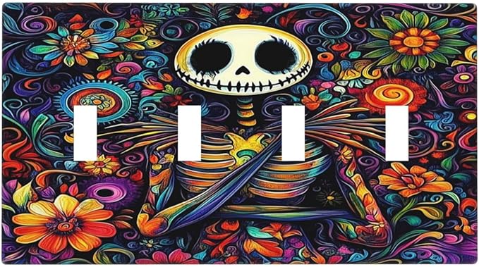 Light Switch Covers Colorful Flowers Abstract Skull Quad Toggle Electrical Faceplate 4 Gang Wall Plate Decorative Switch Plates For Home Living Room Decor