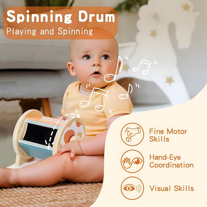 Twefex Montessori Toys for Babies 6-12 Months - 3 in 1 Baby Toys Play Kit - Medium Spinning Drum - Baby Tissue Box Toy - Peekaboo Knob Puzzle with Cards - Learning Educational Toy for Boys and Girls