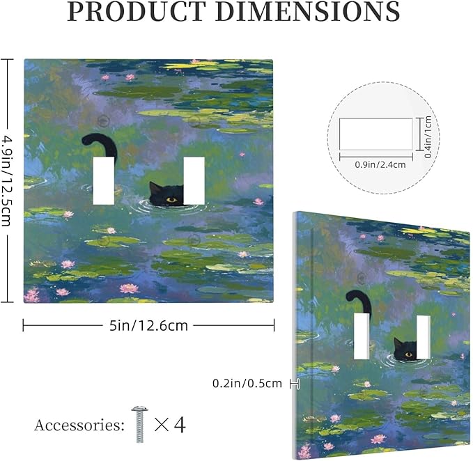 Light Switch Cover Plate Cute Black Cat Water Lily Pond Watercolor 2 Gang Double Toggle Decorative Switch Plates Plug Cover Wall Plates Electrical Faceplate for Kids Room Nursery Decor