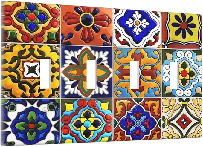 Vintage Colorful Boho Mexican Moroccan Tile Light Switch Covers Quad Toggle Electrical Faceplate 4 Gang Wall Plate Decorative Switch Plates for Farmhouse Home Decor