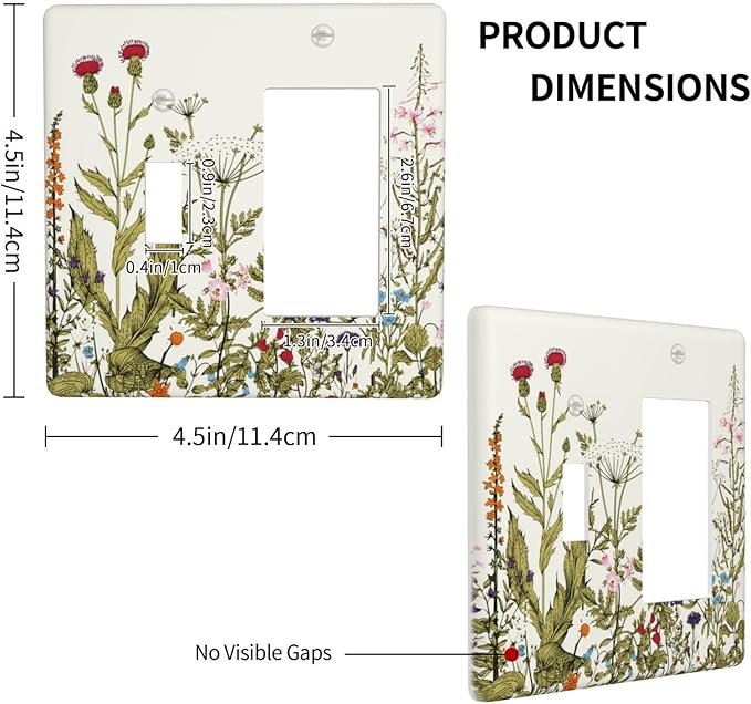 Country Vintage Wild Flowers Floral 2 Gang Single Toggle/Rocker Combination Light Switch Cover Decorative Combo Wall Plate Cover Electrical Faceplate Room Decor