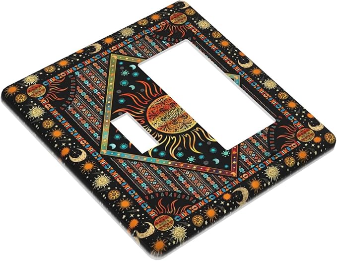 Light Switch Cover Boho Burning Sun Hippie Retro Bohemian Gypsy 2 Gang Toggle Rocker Combo Wall Plates Decorative Switch Plates and Outlet Covers Receptacle Cover for Bathroom Home Decor