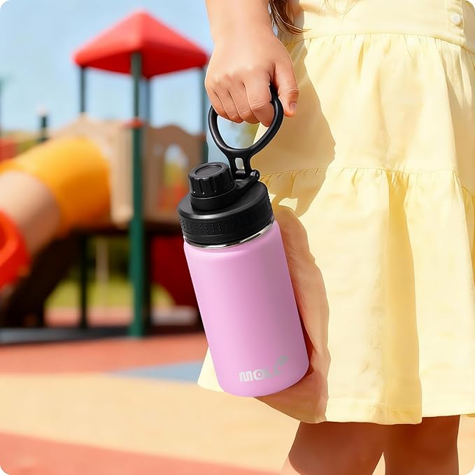 Kids Water Bottle for School 12 oz Stainless Steel Double Wall Vacuum Insulated Water Bottle Leak Proof-Reusable Metal Flask with Silicone Boot for Travel, BPA-Free(Purple Pink)