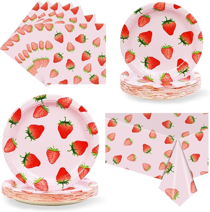 Strawberry Party Tableware Set,Strawberry Birthday Decoration,Summer Fruit Party Supplies Paper Plates Napkins Tablecloth for 25 Guests Great for Birthday Summer Fruit 1st