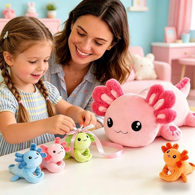 5 in 1 Axolotl Plush Toys for Girls Boys, 18" Mommy Axolotl Stuffed Animal with 4 Baby Axolotls Pink Stuffed Axolotl Plush with Babies Axolotl Plushies for Kids Toddler Birthday Christmas Plush Gifts