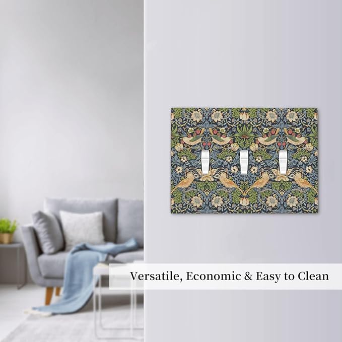 Decorative Switch Plates Morris Strawberry Thrush Birds Colorful Plants 3 Gang Wall Plate Triple Toggle Light Switch Cover Faceplate Electrical Wall Panels For Bed Room Living Room Decor