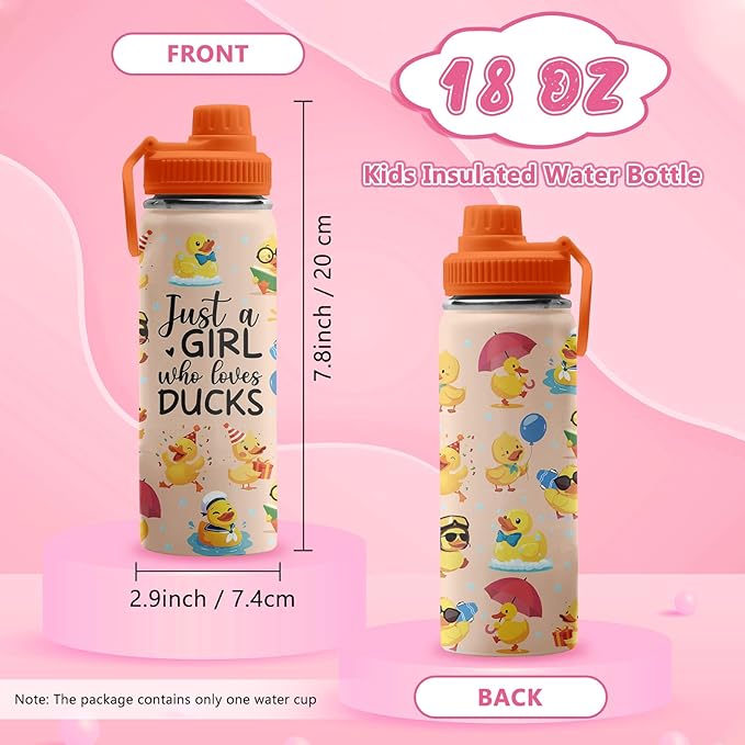 Duck Gifts, 18 oz Stainless Steel Water Bottles with 2 Lids, Insulated Water Bottle with Straw, Duck Cups for Travel Sports Outdoor, Birthday Christmas Gifts for Boys Girls Ducks Lovers (1pcs)