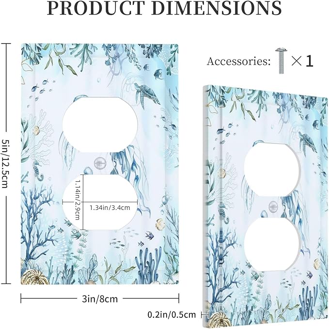 Outlet Covers Jellyfish Teal Blue Ocean Turtle Coastal Beach 1 Gang Duplex Electrical Receptacle Faceplate Light Switch Cover Wall Plate Decorative Switch Plates for Bedroom Bathroom Decor