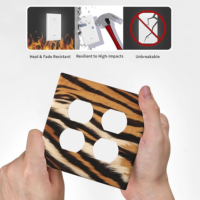 Tiger Texture Wild Animal Skin Pattern Print Outlet Covers 2 Gang Double Duplex Decorative Light Switch Covers Electrical Wallplates Socket Faceplate for Kids Room Office Decor