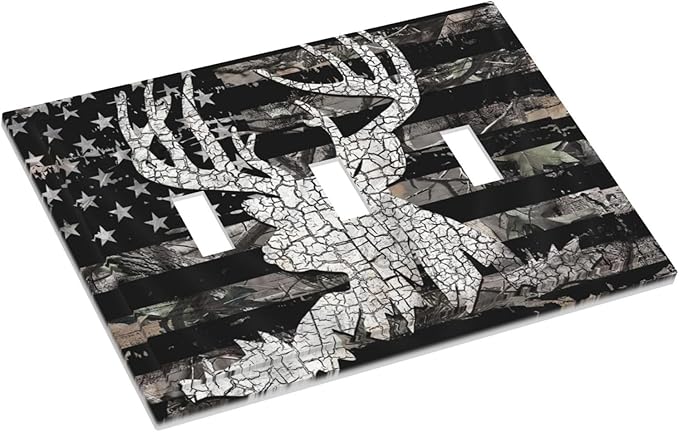 American Flag Forest Antler Deer Elk 3 Gang Light Switch Plate Decorative Triple Toggle Wall Plate Cover Electrical Faceplate for Bathroom Home Living Room Decorate
