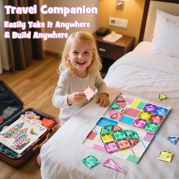 WMXDU Large Pastel Magnetic Tiles - 48 Pcs Macaron-Colored Glitter Magnetic Blocks with Travel Metal Storage Box - Diamond STEM Toys for Girls Ages 3-8 - Portable Sensory Building Set for Kids