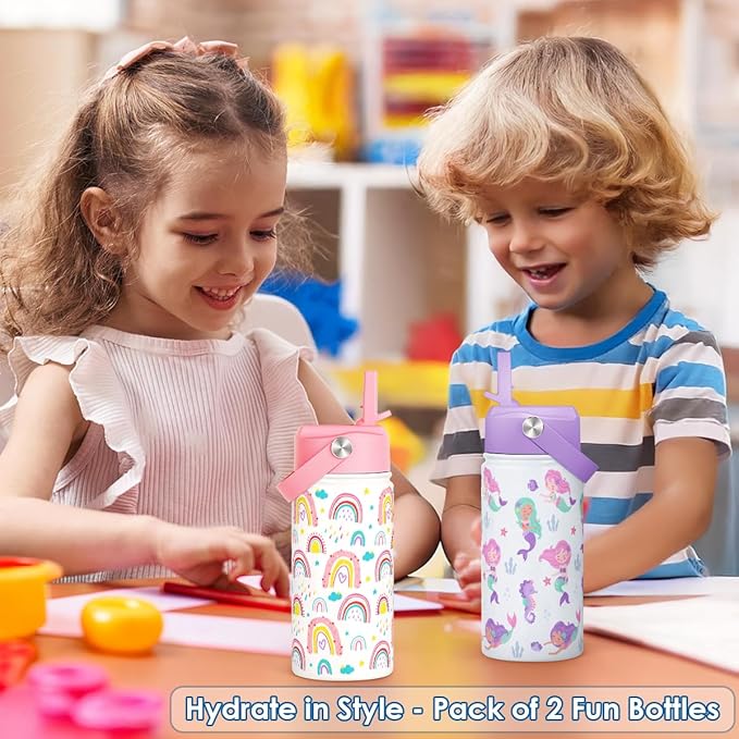SANDJEST Kid Water Bottle 12oz with Straw Lid - 2-Pack Insulated Stainless Steel Water Bottles for Kids Girls - Travel Cup for School Sports, Rainbow & Mermaid