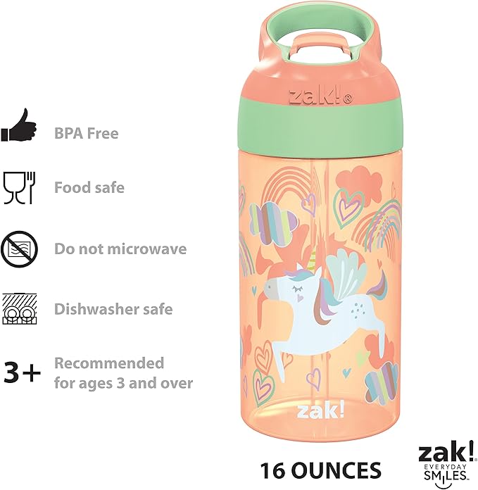 Zak Designs 16oz Riverside Kids Water Bottle with Spout Cover and Built-in Carrying Loop, Made of Durable Plastic, Leak-Proof Water Bottle Design for Travel (Unicorn & Shells, Pack of 2)