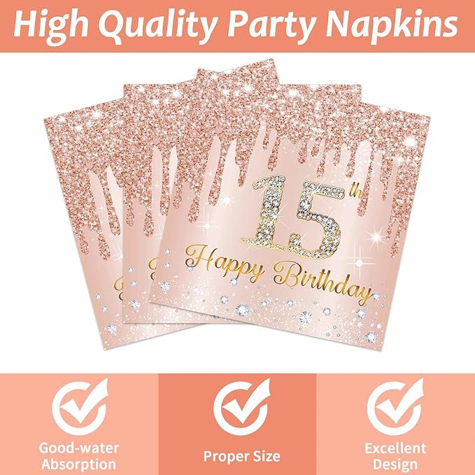 50Pcs Rose Gold 15th Birthday Party Paper Plates Napkins Girls Pink 15th Birthday Dessert Table Decoration Happy 15 Years Old Cake Tableware Set Serves 25 Guest Fifteen Years Old Party Favor Supplies