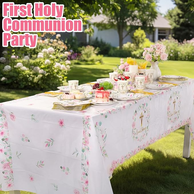 Pickmesh 194 Pcs God Bless Baptism Party Decoration Girl for 24, Pink Floral Baptism Confirmation Paper Plate Napkin Cup Tablecloth Cutlery for First Holy Communion Christening Baby Shower Supplies
