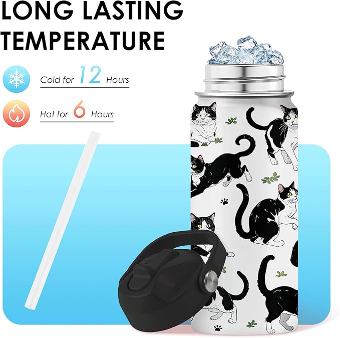 Cat Gifts for Kids - 16oz Black Cat Water Bottle with Straw Lid, Stainless Steel Insulated Bottle, Leak Proof, BPA-Free, for Boys, Girls, School - Black and White Cat Gifts Cats Lovers Gift Cup(1pc)