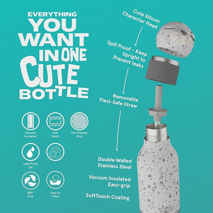 asobu Bestie Bottle Insulated Stainless Steel Water Bottle with Detachable Soft Animal Head Fun Drinking For Kids and Teens with Flexible Reusable Straw 16 Ounce (Seal White)