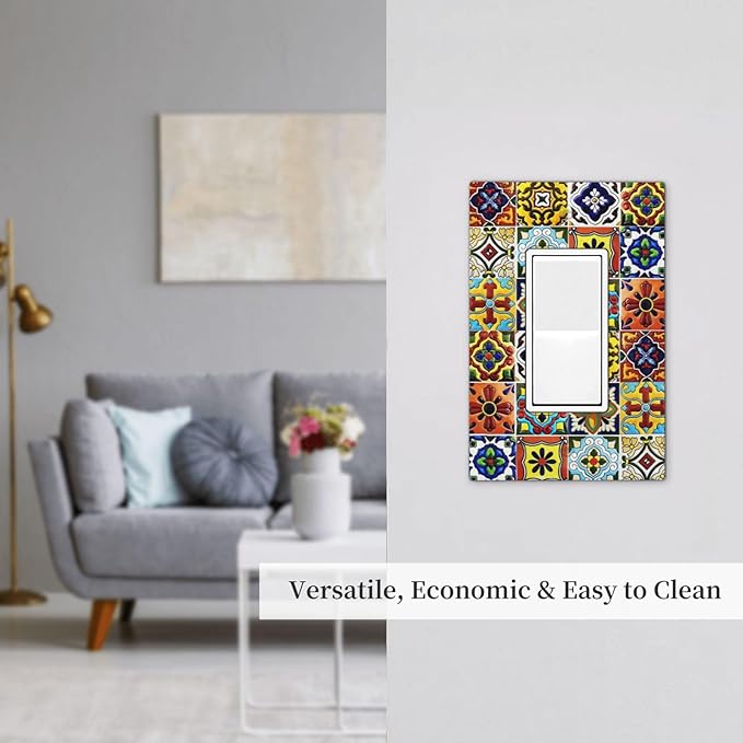 Retro Matte Mosaic Moroccan Mexican Mandala Boho Talavera Style Ceramic Tile 1 Gang Single Decorator/GFCI Device Outlet Wall Plate Electrical One Rocker Decorative Light Switch Cover Faceplate Dimmer
