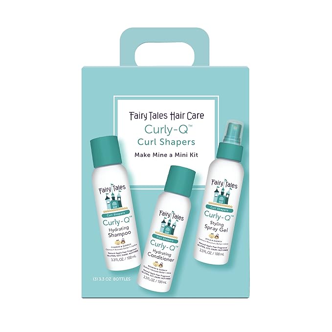 Fairy Tales Curly Q Hydrating Kids Shampoo, Conditioner, and Styling Spray Gel -Travel Kit- Paraben, Sulfate, Gluten, and Nut Free - For All Curl Types Including Multi Cultural Hair – 3.3oz (3 Pack)