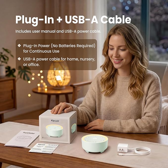 Kipcush Baby & Kids White Noise Sound Machine w/Night Light, 21 Non-Looping Sounds, 6 Timers (15-120 min & 8H), Memory, USB Powered for Nursery, Home & Travel