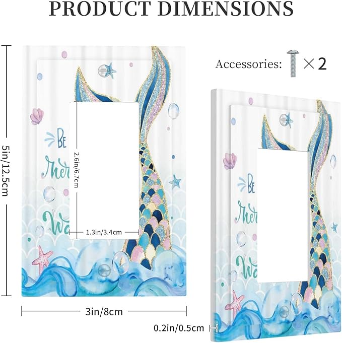 Mermaid Ocean Blue Waves Kids Girl 1 Gang Rocker Light Switch Covers Decorative Single Decora Outlet Wall Plate Faceplate Switchplate GFCI for Kidroom Bathroom Bedroom Decor