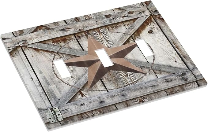 Rustic Western Texas Star Barn Door 3 Gang Light Switch Plate Decorative Wood Triple Toggle Wall Plate Cover Electrical Faceplate Switchcover for Farmhouse Bathroom Home Bedroom Art Panel Decor