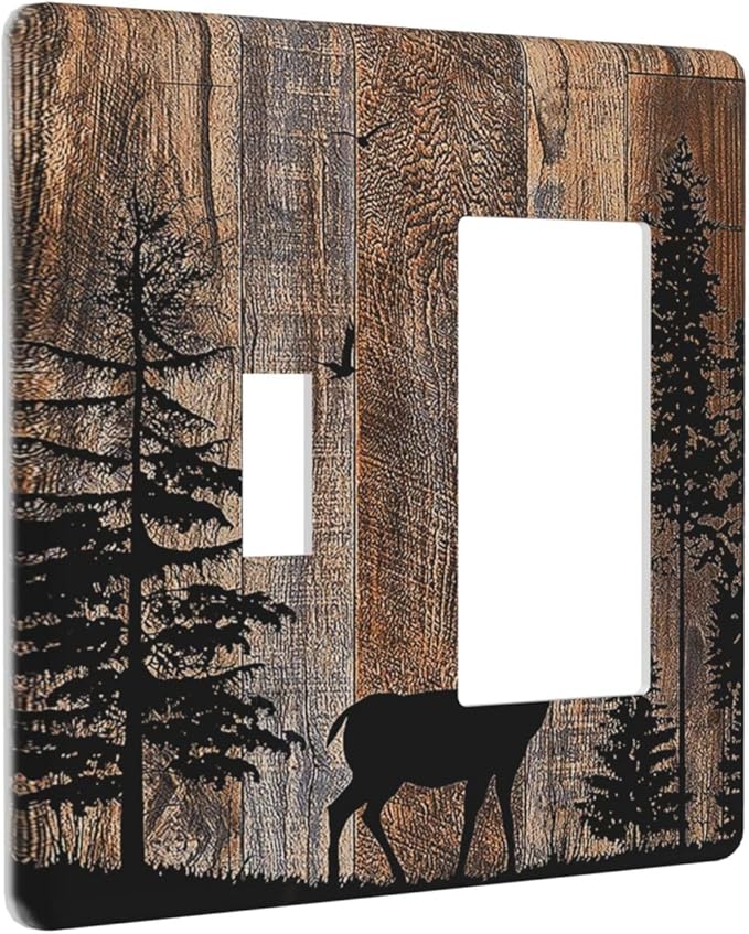 Outlet Covers Rustic Forest Antler Elk Deer Silhouettes Animals Wood Grain 1 Toggle 1 Rocker Combination Decorative Wall Plate Light Switch Cover Plate Electrical Switch Plates for Farmhouse