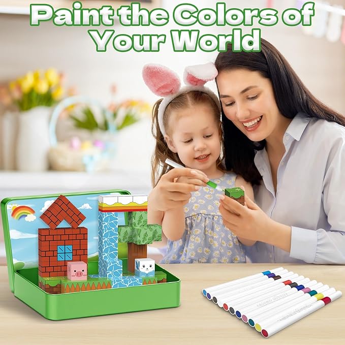 Intoypad Magnetic Blocks Painting Travel Toys for Kids, 48PCS Magnetic Building Blocks with 12 Paint Pens & Iron Box Art Craft Kits Magnet Blocks Cube Birthday Gifts for Boys Girls Road Trip Car Games