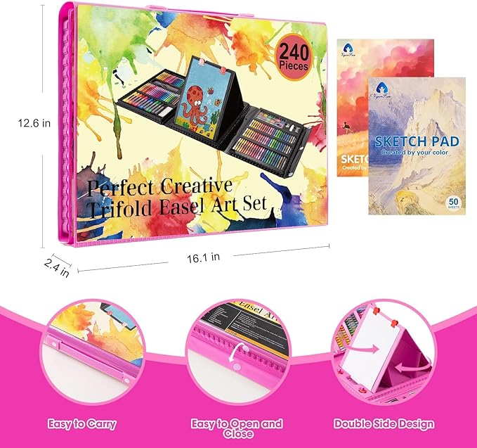 VigorFun Art Supplies, 240-Piece Drawing Art Kit, Gifts for Kids Girls Boys Teens, Art Set Crafts Case with Double Sided Trifold Easel, Includes Sketch Pads, Crayons, Colored Pencils (Pink)